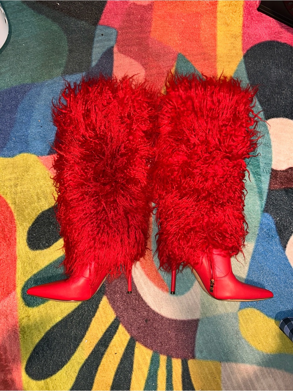 Red Faux Fur Knee-High Pointed Toe Boots - Picture 2 of 3
